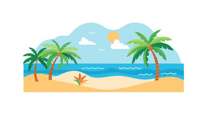 Obraz premium Bright tropical beach with palm trees and calm ocean waters under a clear sky during the day