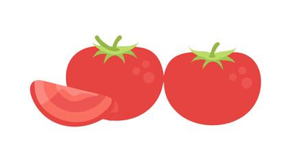 Fresh tomatoes and a slice showcasing vibrant red color and green stems in a simple design on a white background