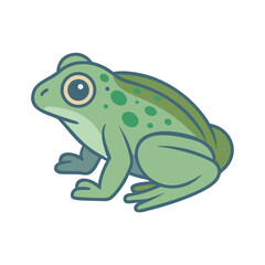 A green frog with prominent spots sits in a relaxed position, showcasing its joyful expression