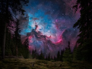 Cosmic Forest at Night: A Celestial Embrace