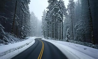Snowy road winding through a forest with tall trees covered in fresh snow - Powered by Adobe