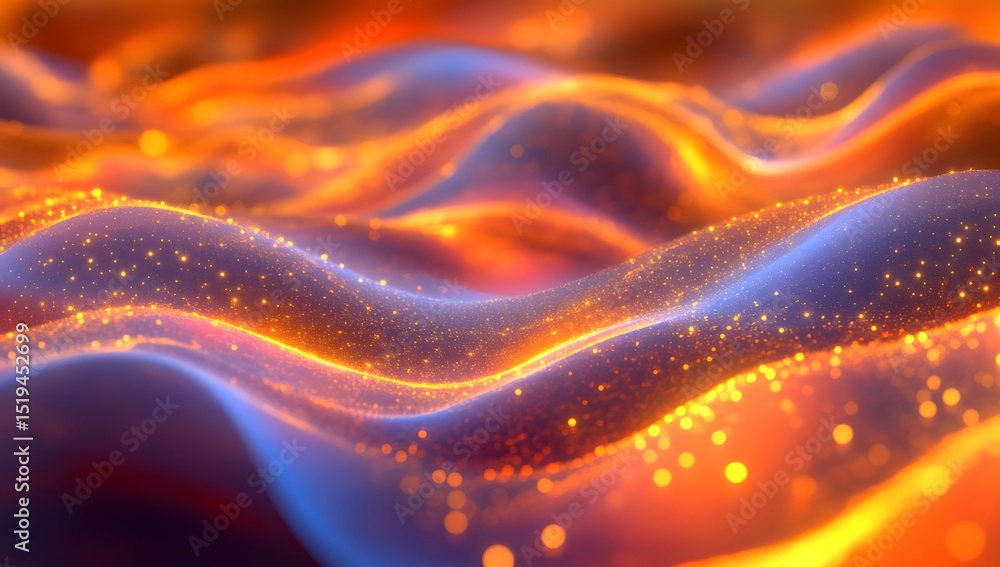 Poster 3d render of glowing orange and blue waves, with tiny dots on the surface of each wave. there is an 