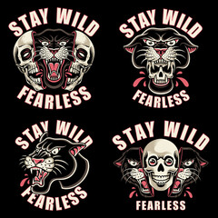 Old school tattoo style panther and skull vector set