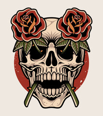 Vector illustration Skull with crossed roses, in traditional old school tattoo style