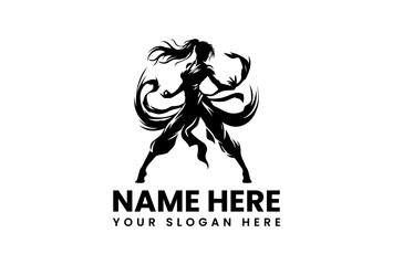 Bold martial arts stencil logo of kung fu practitioner executing high flying kick