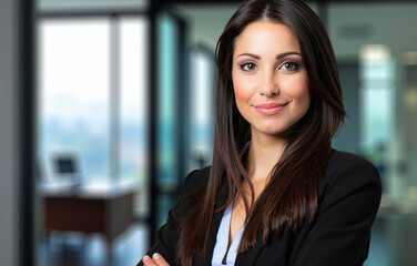 Confident businesswoman smiling with arms crossed in office setting