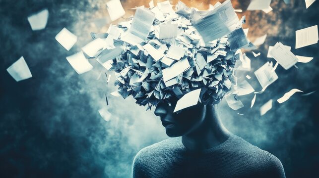 Office worker with papers and documents exploding from his head representing information overload and mental stress