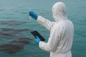Scientist analyzing oil polluted seawater