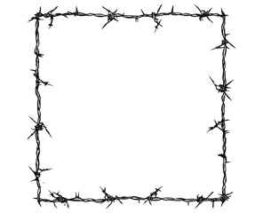 Square frame from barbed wire silhouette, hand drawn barb wire box shape for flyer, vector illustration for promotion, advertising, banner design, rustic fence, grunge texture.