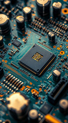 Close-up of electronic board with microchips and components. Applicable in technical articles and educational materials.
