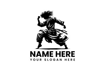 Bold martial arts stencil logo of kung fu practitioner executing high flying kick