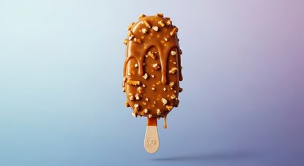 Delicious caramel and pretzel coated ice cream bar with melting drips on a wooden stick