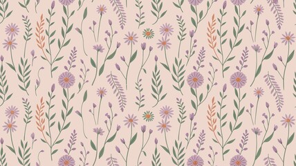 Delicate floral pattern in pastel colors with hand drawn style blossoms and greenery on a light pink background