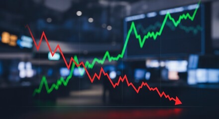 Red and green line charts showing market decline and growth on a blurred financial background
