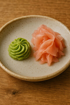 wasabi and gari sushi fresh young ginger palate cleanser condiment dish slight sweet tangy culinary delicacy pair dip slather cook chef kitchen cuisine traditional accompaniment food