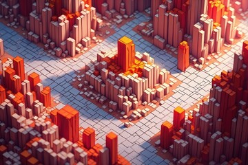Obraz premium Abstract geometric cityscape with tall rectangular blocks in warm orange and red tones under soft sunlight, creating a futuristic urban environment