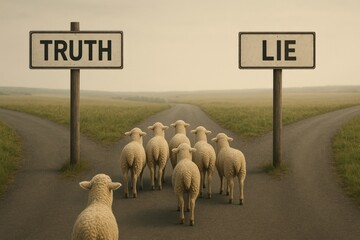 Group of sheep standing at a forked road facing signs Truth and Lie. Powerful visual metaphor for moral choice, herd mentality, critical thinking, and ethical decision making