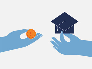 Invest in future study in university or college. cost and financial availability of higher education in the world. Human Hands with coin and mortarboard. Vector illustration