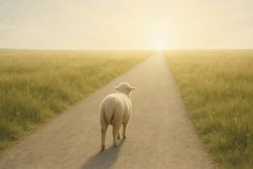 Lone sheep walking down a path toward bright light on the horizon. Symbolic concept of salvation, hope, faith, spiritual journey, and light at the end of the path