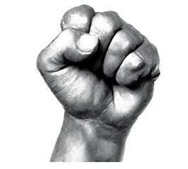 Strong fist gesture in retro halftone collage, punk pop art elements, grunge texture, crazy hand expression, mixed media template. Vector illustration, cutout, modern abstract.