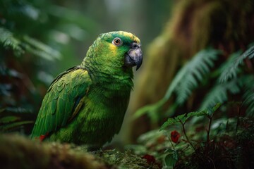 Yellow-naped Amazon parrot standing in lush rainforest vegetation