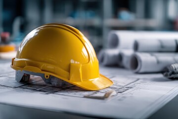 Yellow Hard Hat Resting on Blueprint in Construction Zone or Architectural Office