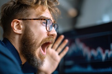 Shocked investor looking at falling stock market chart on computer