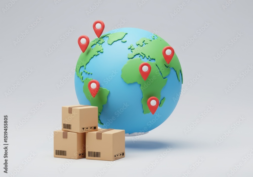Poster 3d illustration of packages stacked in front of a globe with location pins representing internationa