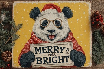 A festive panda in Santa glasses holding a "Merry & Bright" board on a yellow canvas.