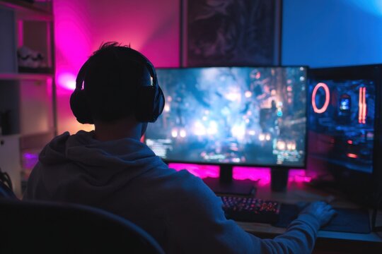 Professional gamer playing online video game on his powerful personal computer