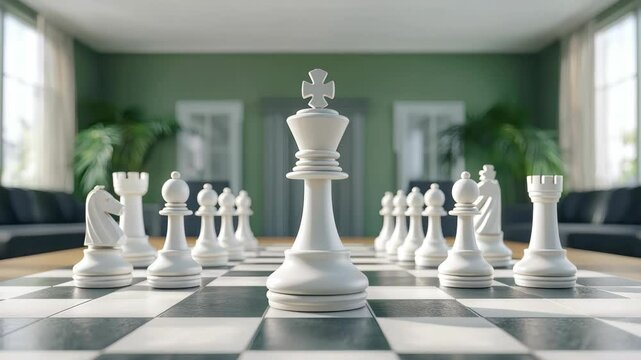 Chess pieces arranged on a board in a modern interior setting.