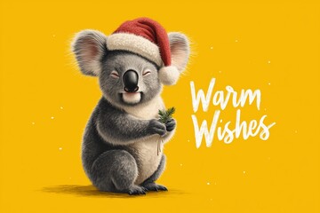 A festive koala in Santa hat holding a "Warm Wishes" sign on a sunny yellow background.
