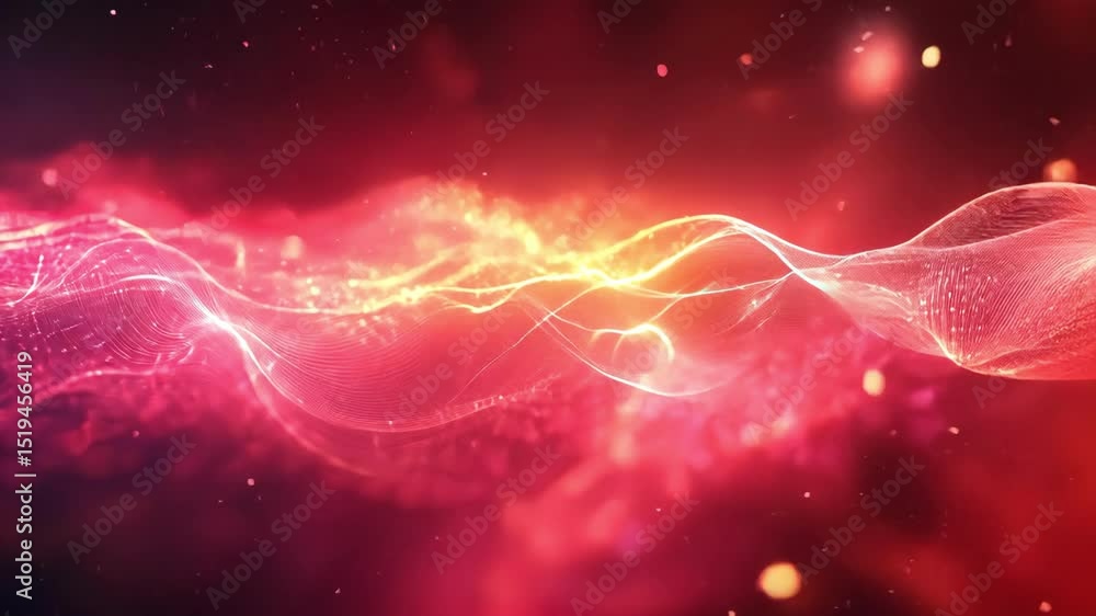 Poster abstract background with digital data, network connections, and red glowing particles.