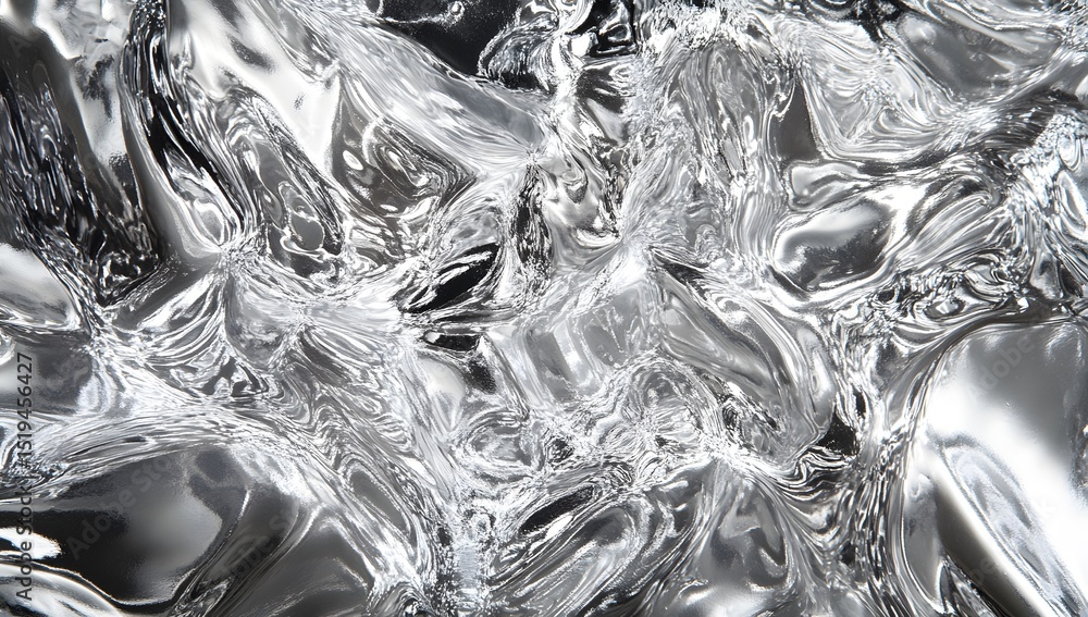 Poster a close-up of the silver liquid texture, with a metallic sheen and smooth curves creating an abstrac