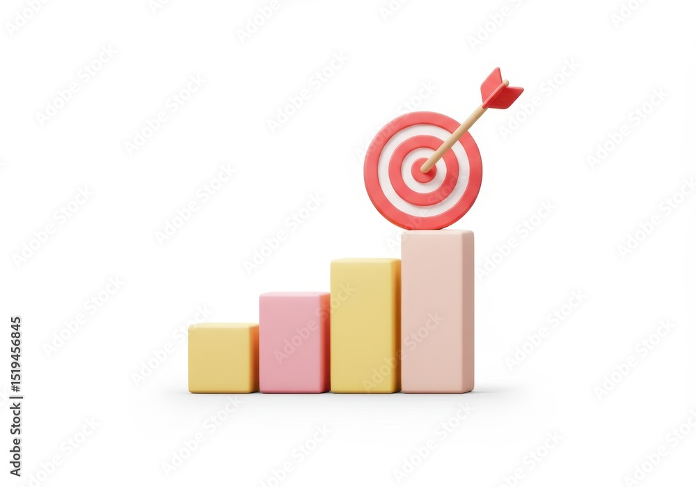 Poster 3d illustration of bar graph showing growth with target and arrow isolated on white background repre
