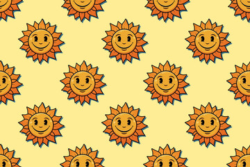 Fototapeta premium Seamless cartoon sun pattern on a cheerful yellow background. Perfect for kids, summer products, and sunny-themed designs.