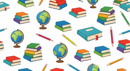 Colorful School Supplies Pattern: Books, Globes, and Pencils on White Background.