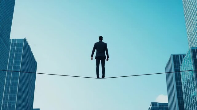 Business concept, Businessman balancing on a tightrope between skyscrapers.