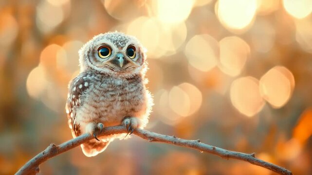 Adorable owlet perched on a branch with a soft golden bokeh background highlighting beauty