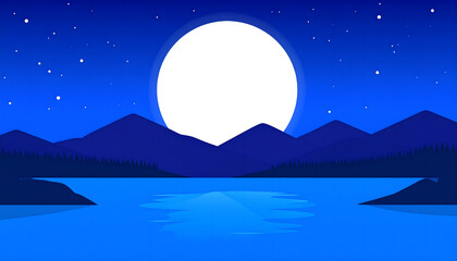 Serene Night Landscape: Mountains, Lake, and Full Moon Vector Illustration