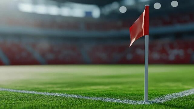 Empty Soccer Field Corner with Red Flag Waving on Green Grass during Daytime at Stadium