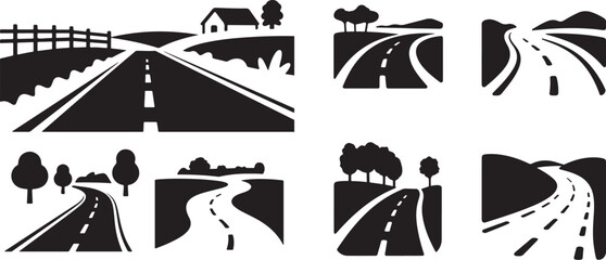 Black and white rural road illustrations