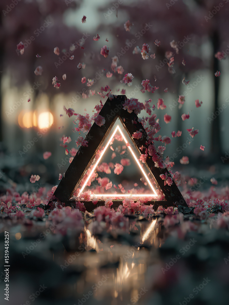 Poster luminous triangle: a glowing triangular frame stands amidst falling cherry blossoms at sunset, creat