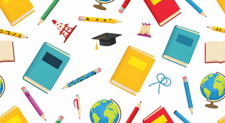 Whimsical School Supplies Pattern: Books, Pencils, Globes, and Graduation Cap on White