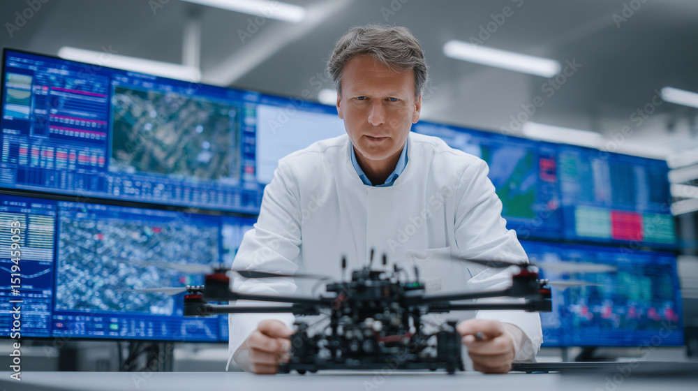 Poster engineer in a sterile white lab coat leans over a sleek workbench, examining a modular droneâs pow
