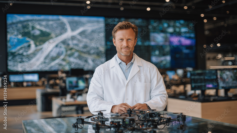 Poster wide view of an innovation lab, a man in lab coat standing over a disassembled drone on a glass tabl