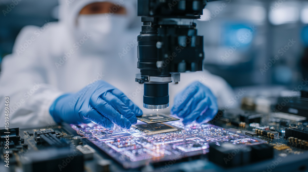 Poster close-up of a droneâs central processor unit being installed by a gloved aerospace engineer under 