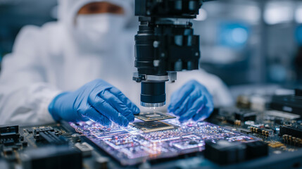Close-up of a droneâs central processor unit being installed by a gloved aerospace engineer under a microscope-equipped assembly station, emphasizing nano-scale tech details