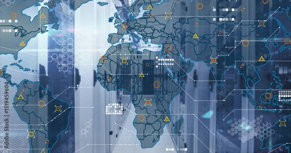 Poster starting server corridor initiating world map fading while icons lines animating global data flow