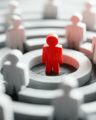 shopper consumer persona audience target A striking red figure stands out in a maze of white figures, symbolizing leadership, individuality, and making choices amidst complexity.